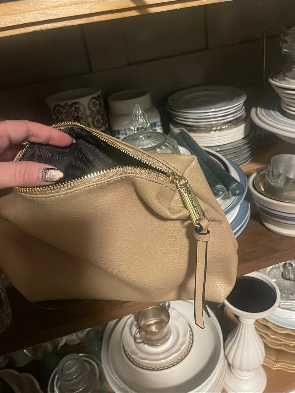 Steve Madden Beige Pebbled Leather Cosmetic Pouch with Gold Zip
